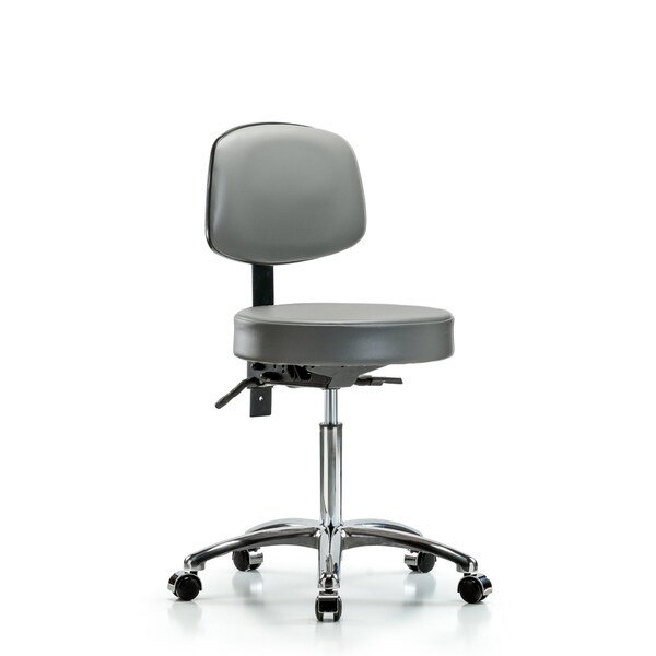 Vinyl Stool, Back Chrome, Med Bench, Tilt, Casters, Sterling