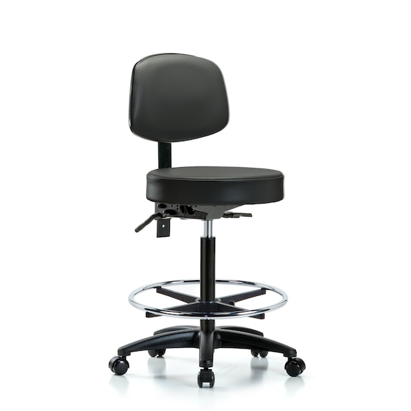 Vinyl Stool, Back, High Bench, Tilt, Foot Ring, Casters, Carbon