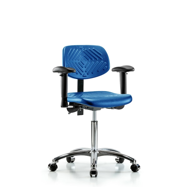 Poly Chair Chrome, Med Bench, Tilt, Arms, Casters, Blue
