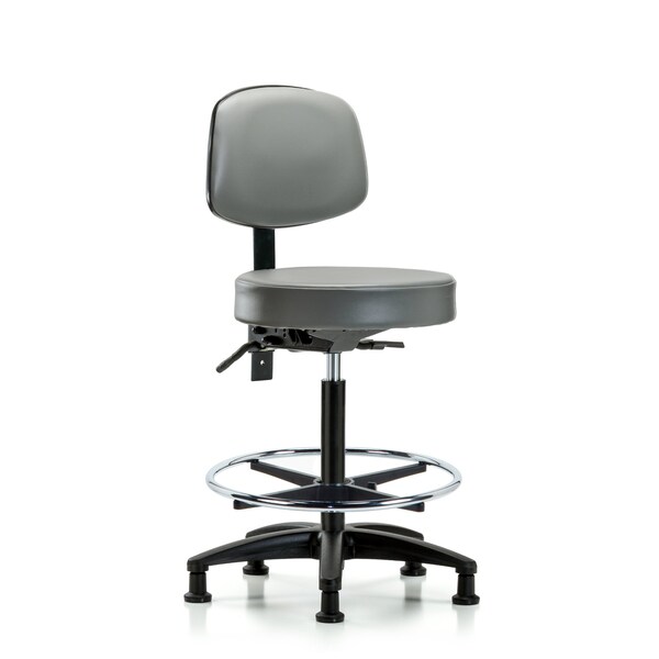 Vinyl Stool, Back, High Bench, Foot Ring, Glides, Sterling