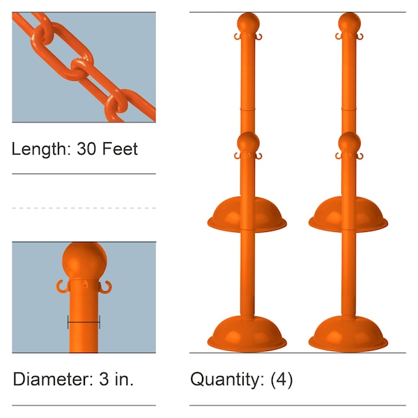 Safety Orange Heavy Duty Stowable Stanchion and Chain Kit
