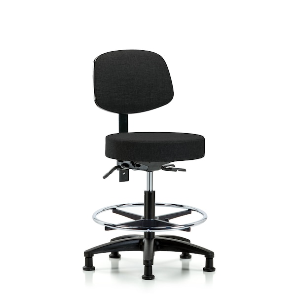 Rutledge Fab Stool with Back-Medium Bench Height with Chr Foot RingandStat Glides in Black Fab