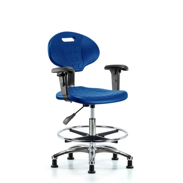 Erie Poly Chair Chrome, Med Bench, Foot Ring, Arms, Glides, Blue