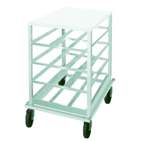 Can Rack low-profile mobile design with poly top with sloped glides for automatic can retrieval