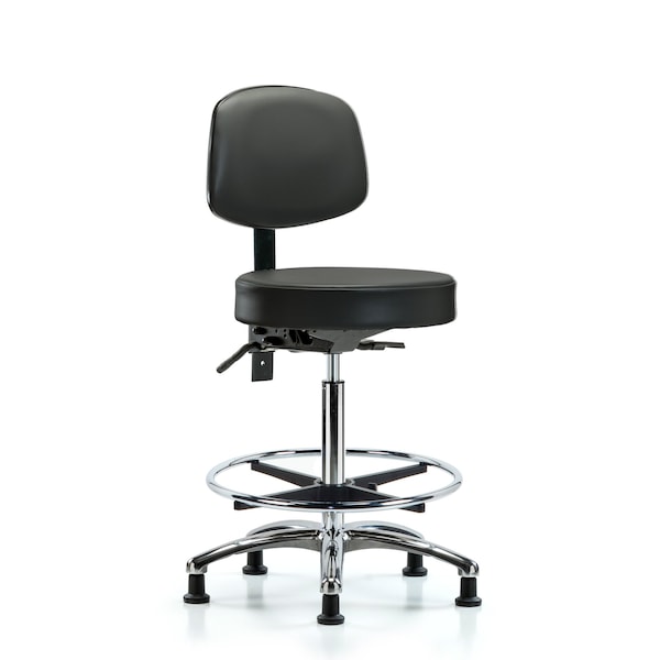 Vinyl Stool, Back, Chrome, High Bench, Foot Ring, Glides, Carbon