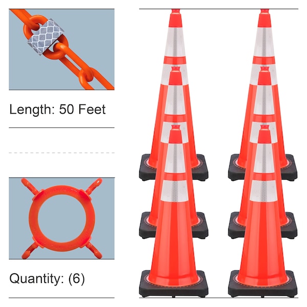 Traffic Cone, 36 in Height, Traffic Orange 6 PK
