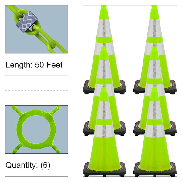 Traffic Cone, 28 in Height, Safety Green 6 PK
