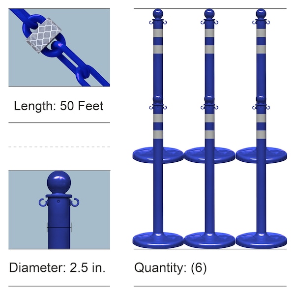 Blue Reflective Medium Duty Stanchions and Reflective Chain, PK6
