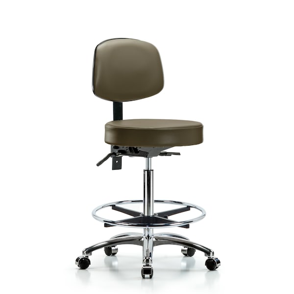 Vinyl Stool, Back, Chrome, High Bench, Tilt, Foot Ring, Casters, Royal
