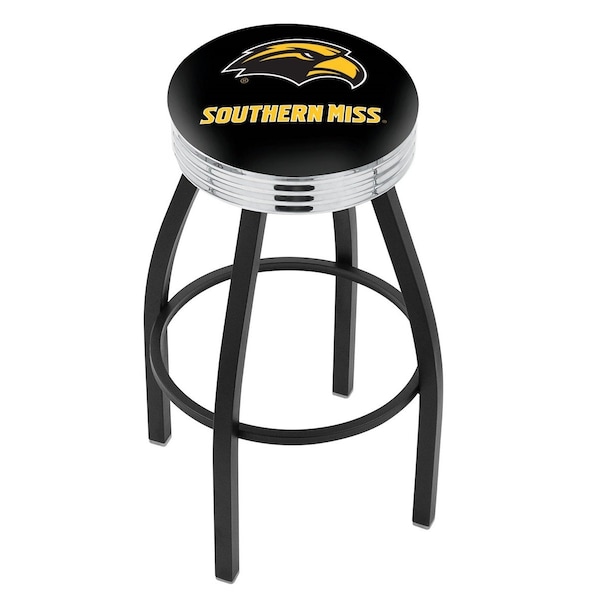 25" Blk Wrinkle Southern Miss Swivel Bar Stool, Chrome Ring