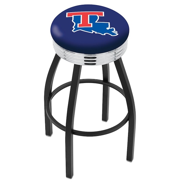 25" Blk Wrinkle Louisiana Tech Swivel Bar Stool, Chrome Ring