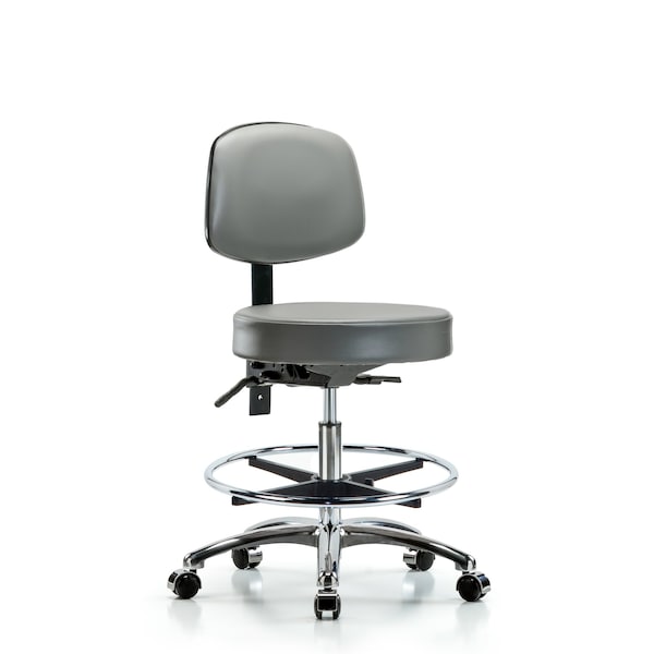 Vinyl Stool, Back, Chrome, Med Bench, Foot Ring, Casters, Sterling
