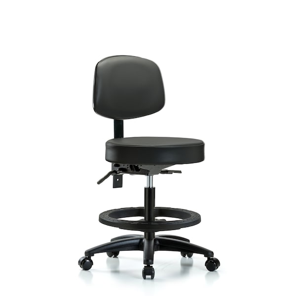 Vinyl Stool, Back, Med Bench, Tilt, Foot Ring, Casters, Carbon