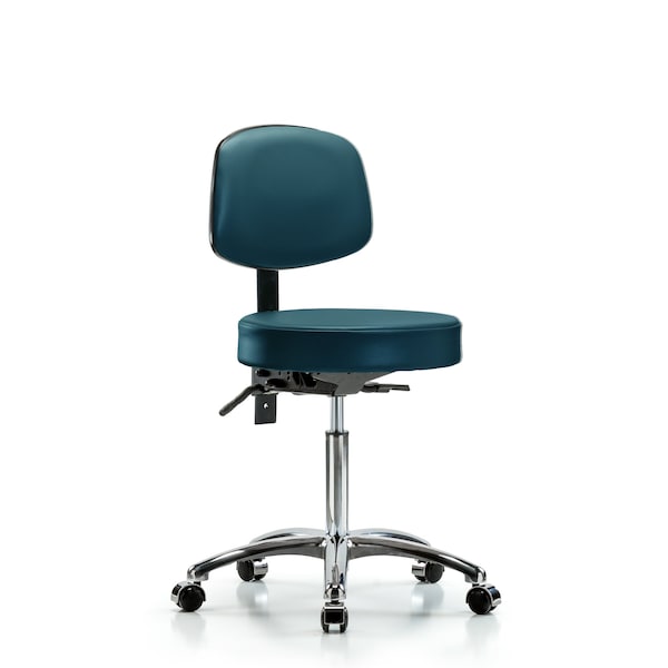 Vinyl Stool, Back Chrome, Med Bench, Tilt, Casters, Royal