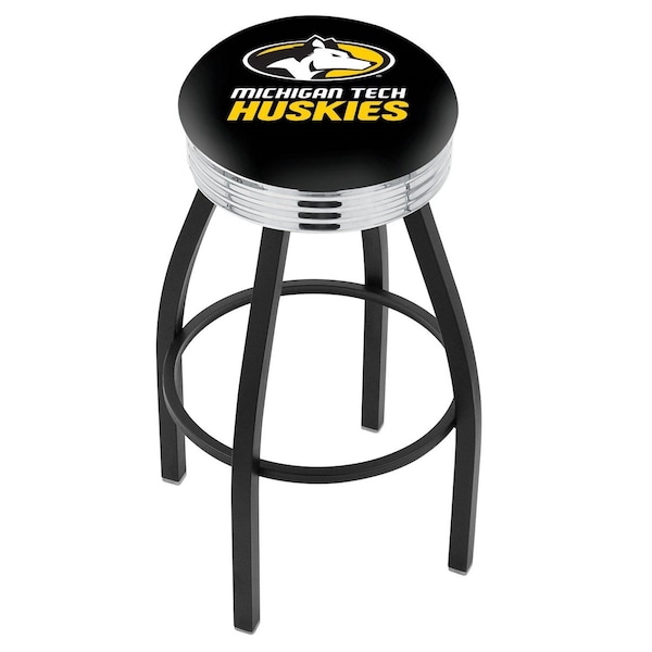 25" Blk Wrinkle Michigan Tech Swivel Bar Stool, Chrome Ring
