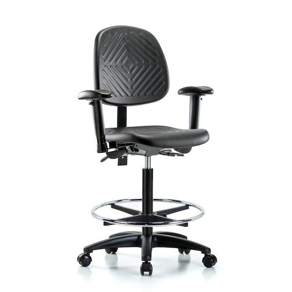 Bench Chair, Hi, Poly, Med, Bk, AA CF Casters, 6-Way Adjustable, 24-1/2" to 33-1/2" Height, Blue, Black