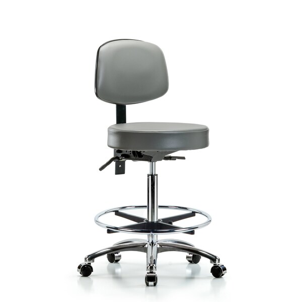 Vinyl Stool, Back, Chrome, High Bench, Foot Ring, Casters, Sterling