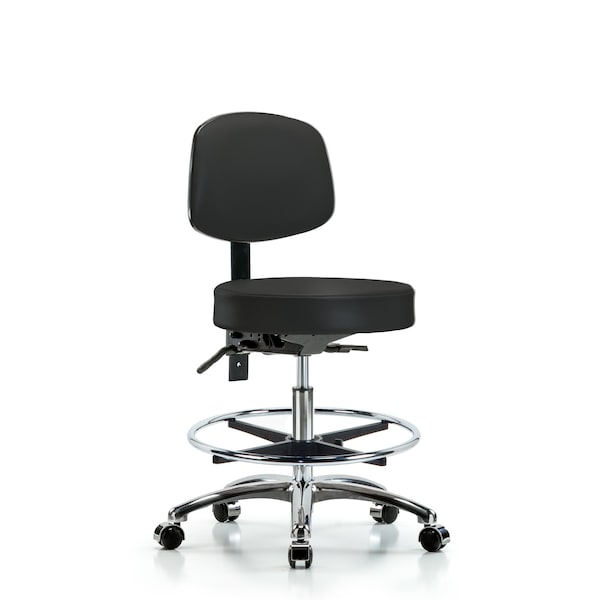 Vin Stool with Back Chr-Med Bench Ht with Seat Tilt, Chr FR, andCasters in Black Trailblazer Vin