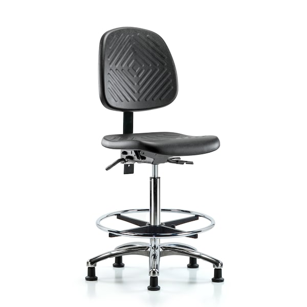 Bench Chair, Poly, Hi, Med Bk, Chr, CF Glides, No Arms, 24-1/2" to 33-1/2" Height, Blue, Black