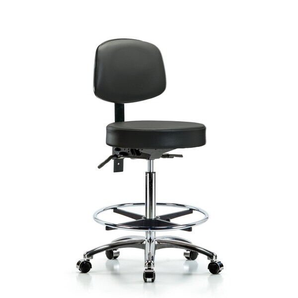 Vinyl Stool, Back, Chrome, High Bench, Tilt, Foot Ring, Casters, Carbon