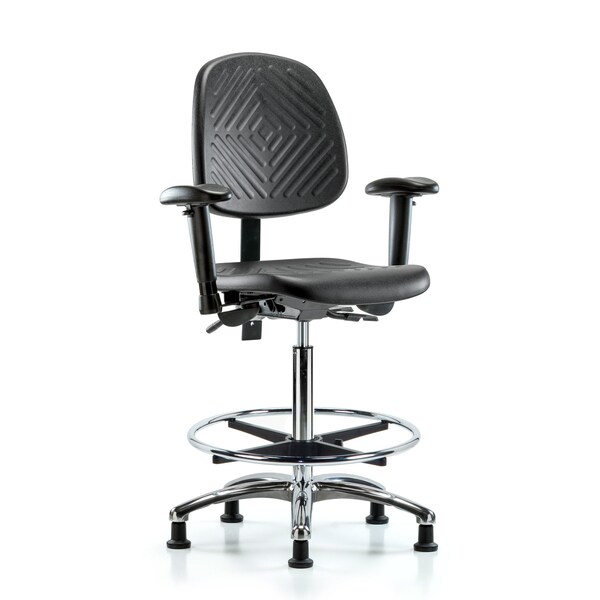 Bench Chair, Poly, Hi, Med Bk, CF Gld, 6-Way Adjustable, 24-1/2" to 33-1/2" Height, Blue, Black