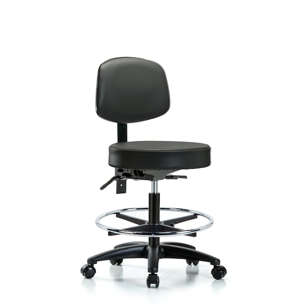 Vinyl Stool, Back, Med Bench, Tilt, Foot Ring, Casters, Carbon