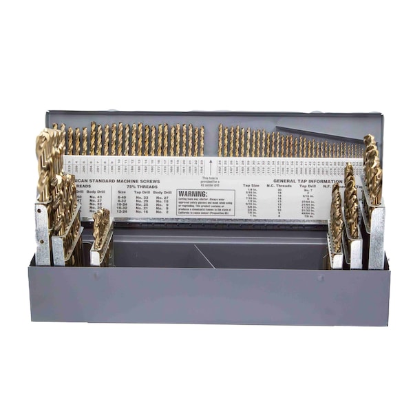 115 Piece Cobalt Jobber Length Drill Bit Set, 1/16" - 1/2" A - Z and No 1-No 60, D/ACO Series