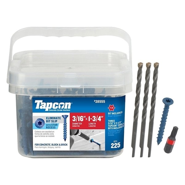Tapcon Concrete Screw, 3/16" Dia., Flat, 1 3/4 in L, Climaseal Coated
