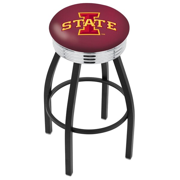 25" Blk Wrinkle Iowa State Swivel Bar Stool, Chrome Ring
