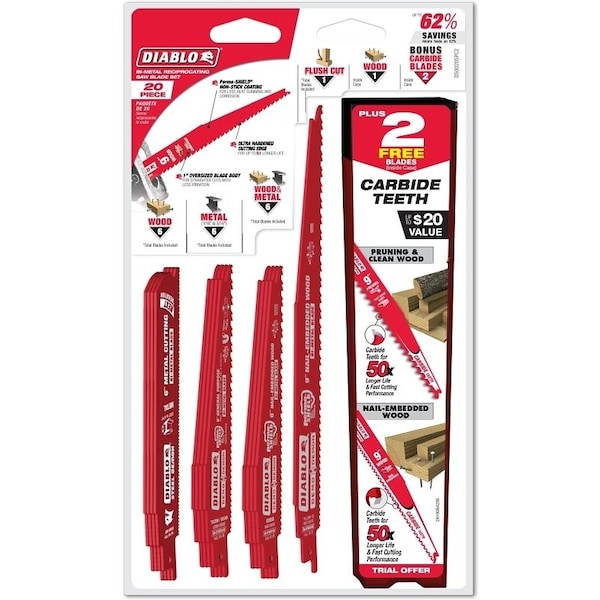 Reciprocating Saw Blade Set, 20Piece, BiMetal, Red