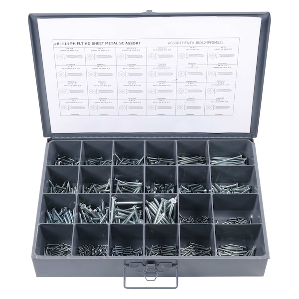 Tapping Screw Assortment, #6 to #14 x Zinc Plated Finish, Steel, Flat Head Phillips Drive