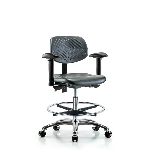 Chair, Poly, Med Bench, Chr Tilt AA CF Cas, 6-Way Adjustable, 19-1/2" to 27-1/2" Height, Black; Blue