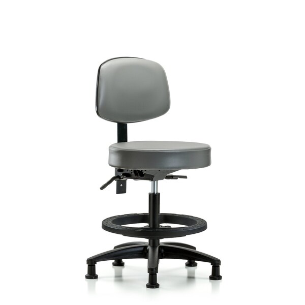 Vinyl Stool, Back, Med Bench, Foot Ring, Glides, Sterling
