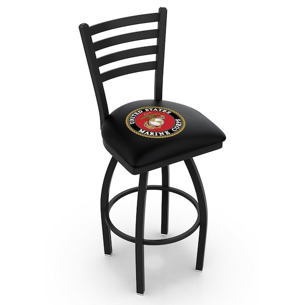 25" Blk Wrinkle U.S. Marines Swivel Bar Stool, Ladder Back