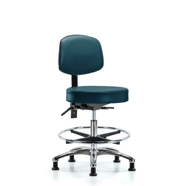 Vinyl Stool, Back, Chrome, Med Bench, Tilt, Foot Ring, Glides, Royal