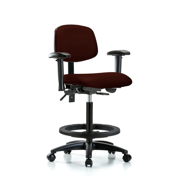 Chair, Fabric, Med Bench, CF Casters, Blk, 6-Way Adjustable, 26" to 35" Height, Burgundy