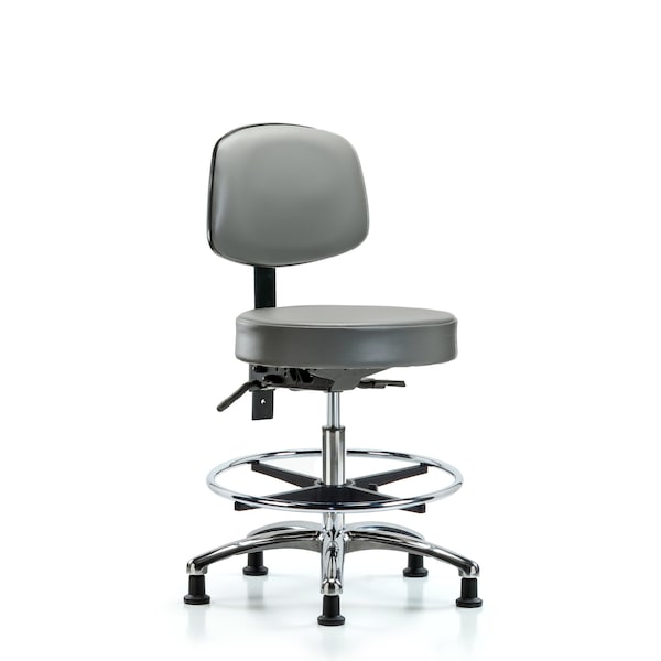 Vinyl Stool, Back, Chrome, Med Bench, Foot Ring, Glides, Sterling