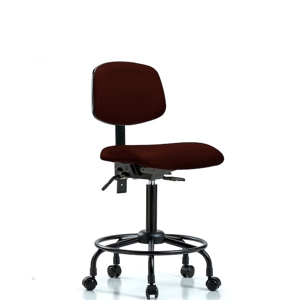 Bench Chair, Vinyl, RT, Casters, Burg, No Arms, 22" to 29" Height, Burgundy