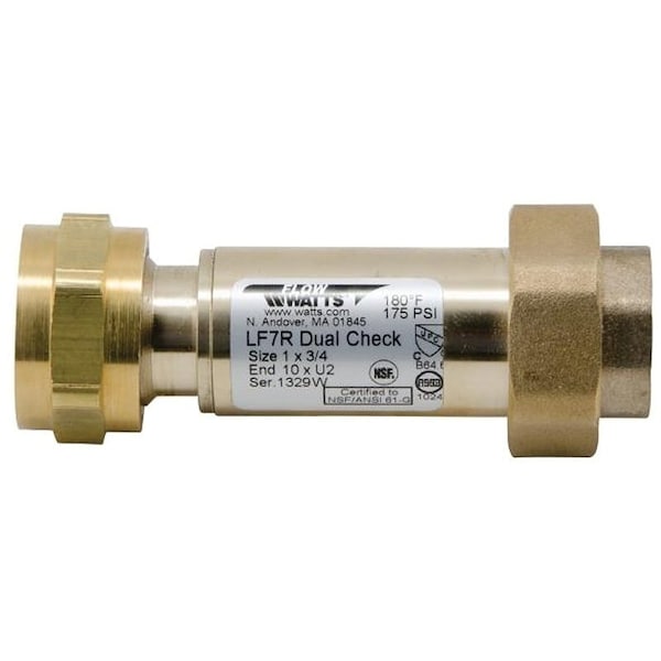 Check Valve, 34 in, Union FNPT x FNPT, 10 to 175 psi Pressure, Brass Body