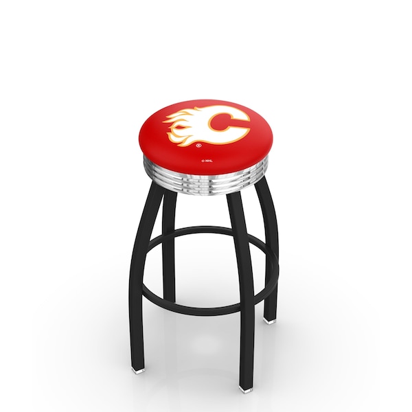 25" Blk Wrinkle Calgary Flames Swivel Bar Stool, Chrome Ring