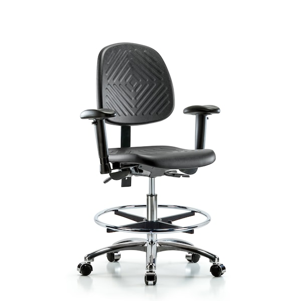 Bench Chair, Poly, Med, Bk, Chrome, AA CF Cast, 6-Way Adjustable, 19-1/2" to 27-1/2" Height, Black; Blue