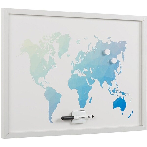 World Map Magnetic Dry-Erase Board, White MDF Frame, 24" X 36"