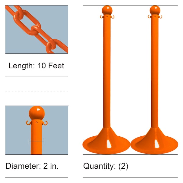 Safety Orange Light Duty Stanchion & Chain Kit (2-Pack)