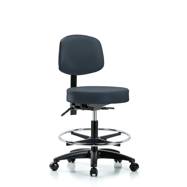 Bench Stool, Med, Vinyl, Bk, CF, Casters, Nav