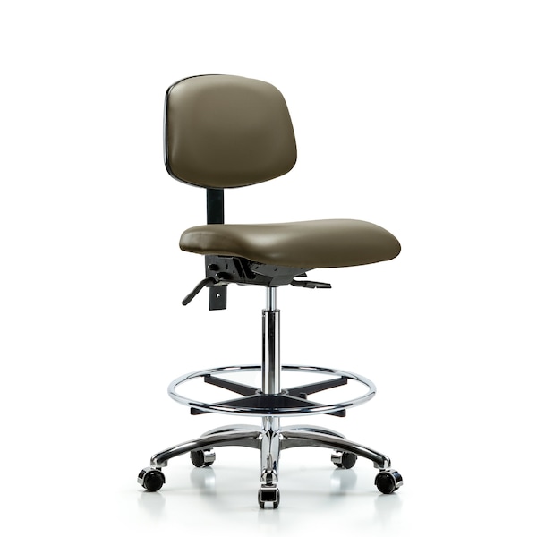 Vinyl Chair Chrome, High Bench, Foot Ring, Casters, Taupe