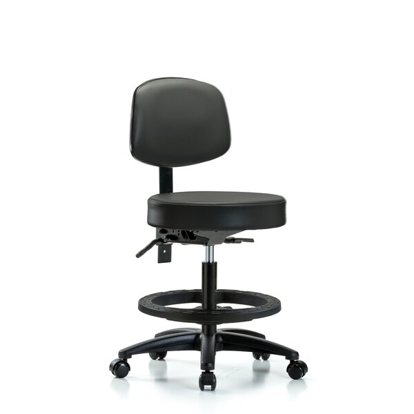Vinyl Stool, Back, Med Bench, Foot Ring, Casters, Carbon