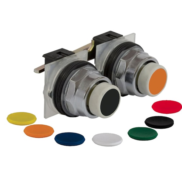 Double-headed push-button, Harmony 9001K, metal, flush, 7 colours choice, 30mm, stay put, with mechanical interlocking, 2 C/O