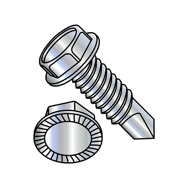 Self-Drilling Screw, 1/4"-20 x 1 in, Zinc Plated Steel Flange Hex Head External Hex Drive, 2500 PK