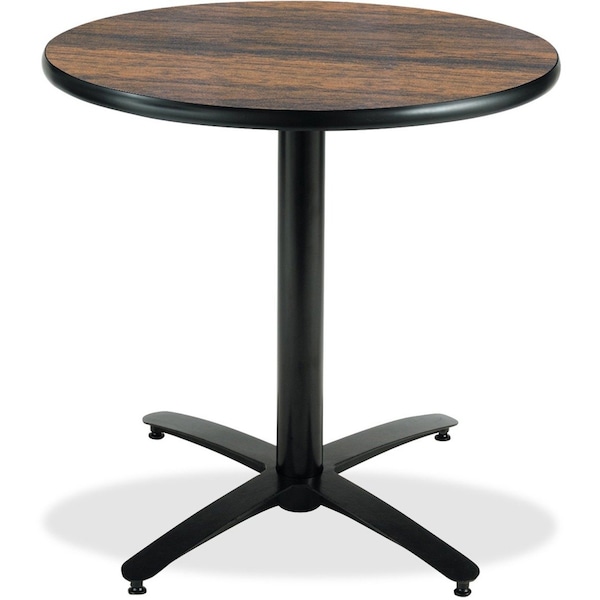 Round KFI 36in Walnut Breakroom Table with Arched X Base, 29 W, 36 L, 29 H, Laminate, Walnut