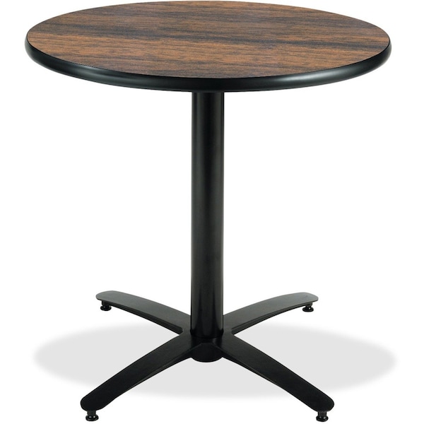 Round KFI 30in Walnut Round Breakroom Table with Arched X Base, 29 W, 30 L, 29 H